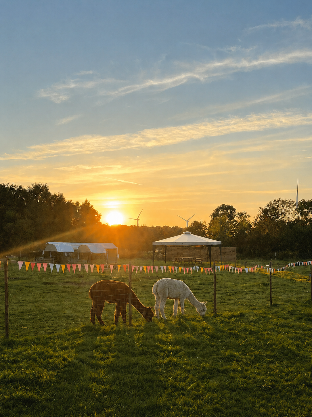 Blick über die GeniusFarm in Weede bei Sonnenuntergang